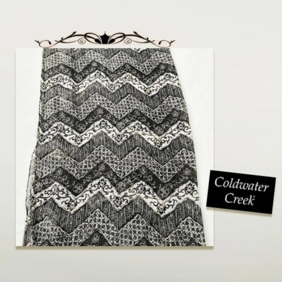 COLDWATER CREEK 100% Pure Silk Rect. Scarf Black White Grey Geo Floral Unisex - Picture 7 of 12